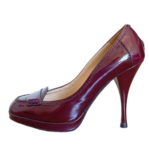 YVES SAINT LAURENT Burgundy Patent Leather Almond Toe Pumps, Size 38.5