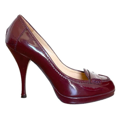 YVES SAINT LAURENT Burgundy Patent Leather Almond Toe Pumps, Size 38.5
