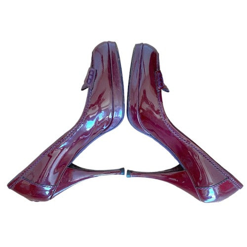 YVES SAINT LAURENT Burgundy Patent Leather Almond Toe Pumps, Size 38.5