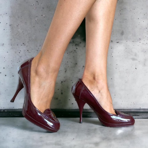 YVES SAINT LAURENT Burgundy  Patent Leather Almond Toe  Pumps, Size 38.5