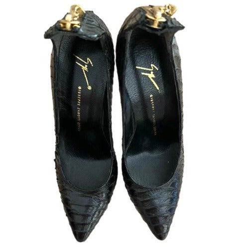 NEW GIUSEPPE ZANOTTI Cruise Black Python Gold Zip & Heel Pointed Toe Pumps, Size 39