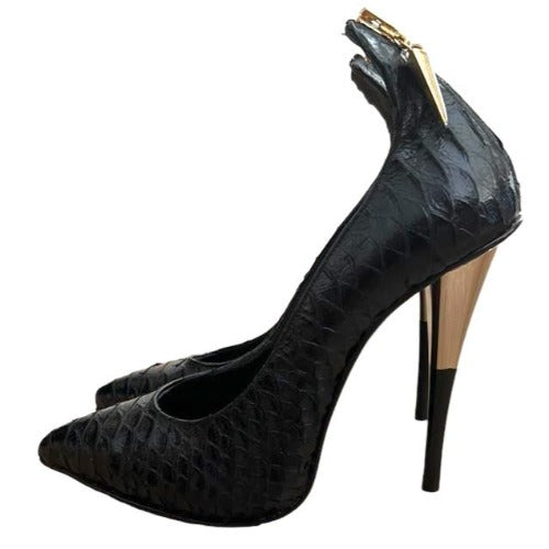 NEW GIUSEPPE ZANOTTI Cruise Black Python Gold Zip & Heel Pointed Toe Pumps, Size 39
