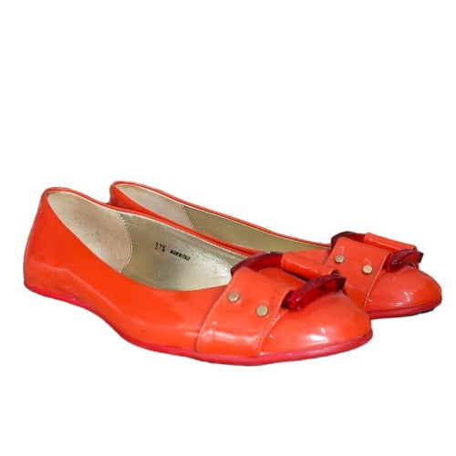 JIMMY CHOO Morse Orange Patent Leather Square Buckle Ballet Flats, Size 37.5
