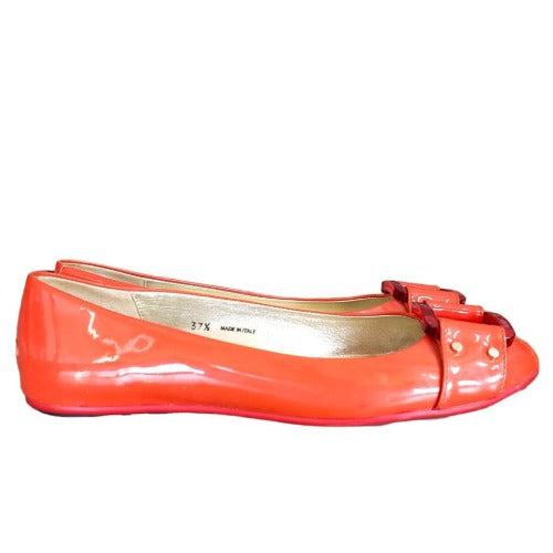 JIMMY CHOO Morse Orange Patent Leather Square Buckle Ballet Flats, Size 37.5
