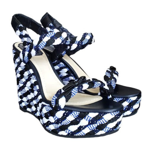 NEW DIOR Tri Color Braided Fabric and Leather Open Toe Wedge Sandals, Size 40