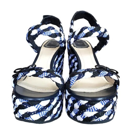 NEW DIOR Tri Color Braided Fabric and Leather Open Toe Wedge Sandals, Size 40