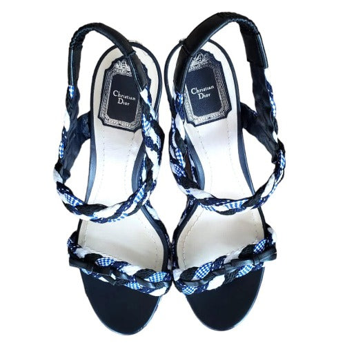 NEW DIOR Tri Color Braided Fabric and Leather Open Toe Wedge Sandals, Size 40