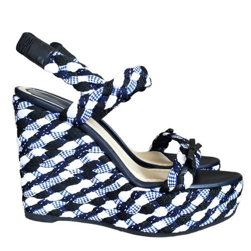 NEW DIOR Tri Color Braided Fabric and Leather Open Toe Wedge Sandals, Size 40