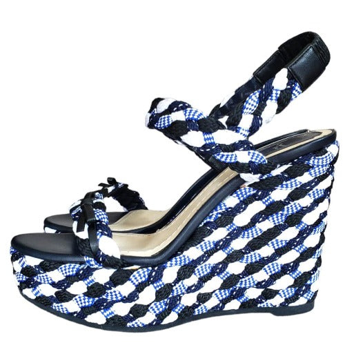 NEW DIOR Tri Color Braided Fabric and Leather Open Toe Wedge Sandals, Size 40