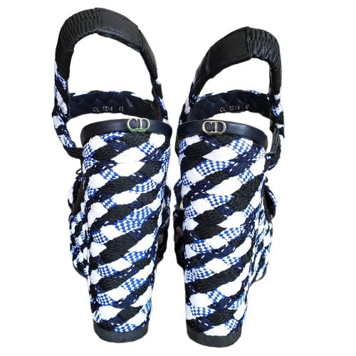 NEW DIOR Tri Color Braided Fabric and Leather Open Toe Wedge Sandals, Size 40