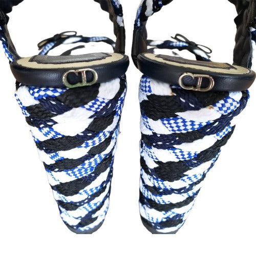 NEW DIOR Tri Color Braided Fabric and Leather Open Toe Wedge Sandals, Size 40