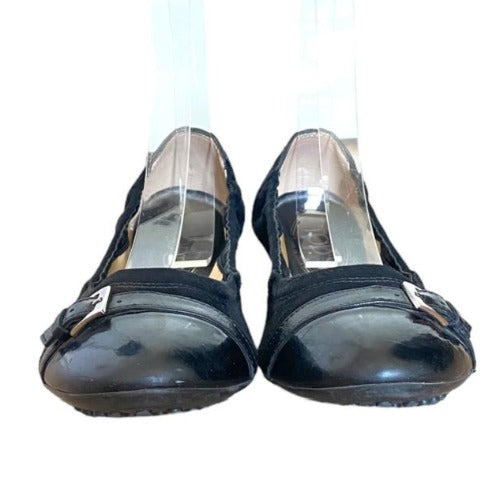 TOD’S Black Suede, Patent Leather Cap Toe, Buckle Detail Ballet Flats, Size 40