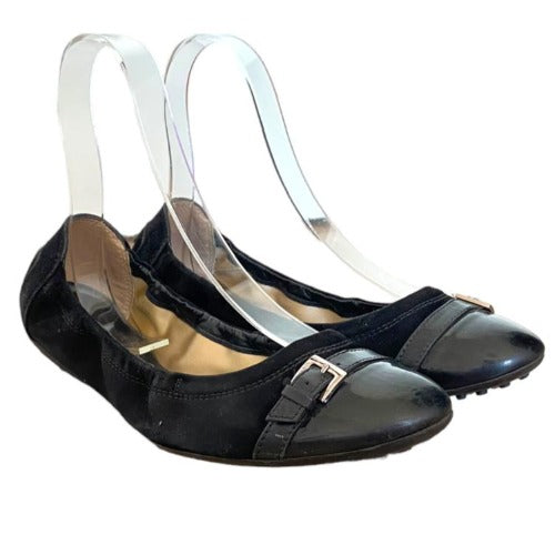 TOD’S Black Suede, Patent Leather Cap Toe, Buckle Detail Ballet Flats, Size 40