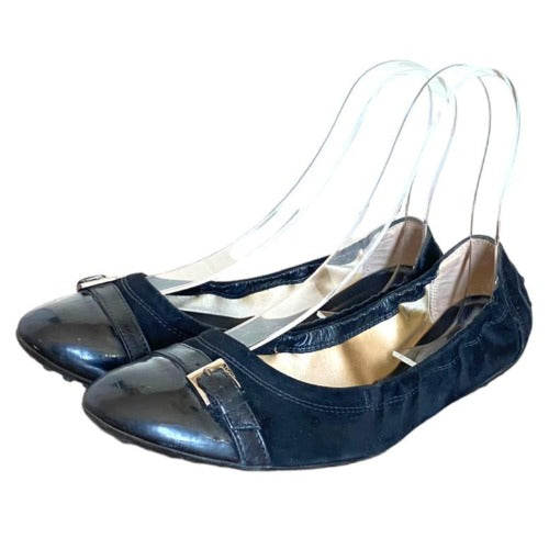 TOD’S Black Suede, Patent Leather Cap Toe, Buckle Detail Ballet Flats, Size 40