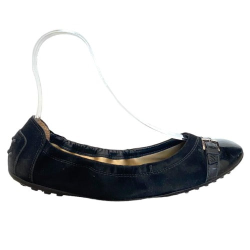 TOD’S Black Suede, Patent Leather Cap Toe, Buckle Detail Ballet Flats, Size 40