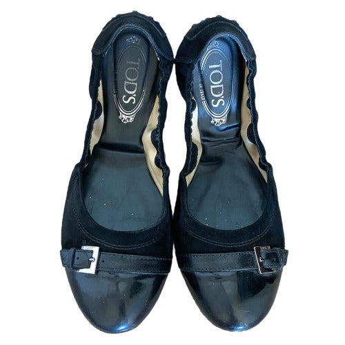 TOD’S Black Suede, Patent Leather Cap Toe, Buckle Detail Ballet Flats, Size 40