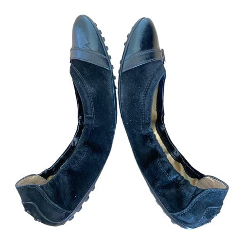 TOD’S Black Suede, Patent Leather Cap Toe, Buckle Detail Ballet Flats, Size 40