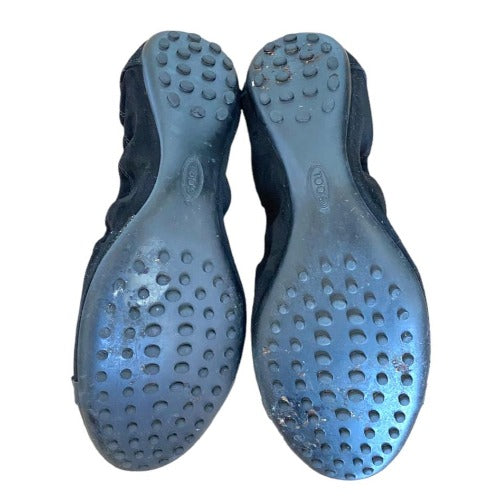 TOD’S Black Suede, Patent Leather Cap Toe, Buckle Detail Ballet Flats, Size 40