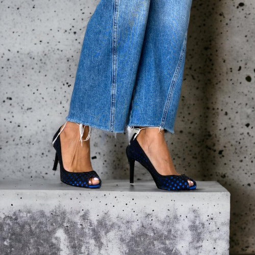 CHRISTIAN DIOR Black Suede w/ Blue Satin Contrast Cannage Peep Toe Pumps, 38.5