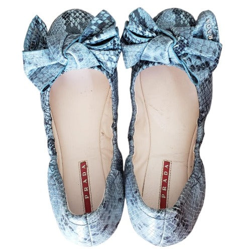 PRADA Multicolor Python Embossed Leather Scrunch Bow Ballet Flats, Size 35.5