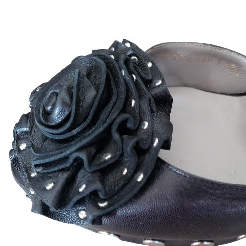 VALENTINO Black Leather Rose Buckle Studded Slingback Platform Sandals Size 38.5