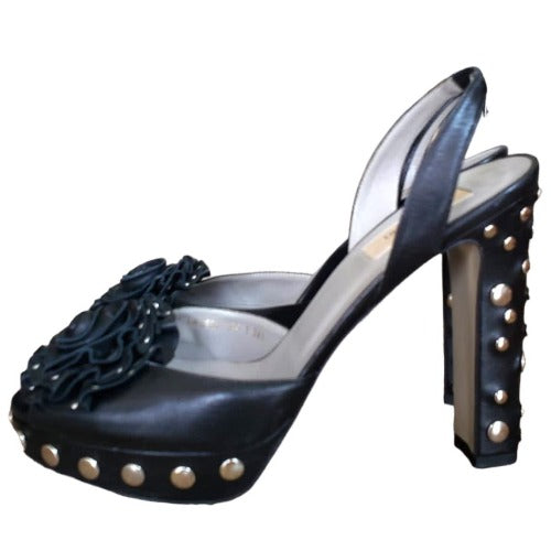 VALENTINO Black Leather Rose Buckle Studded Slingback Platform Sandals Size 38.5