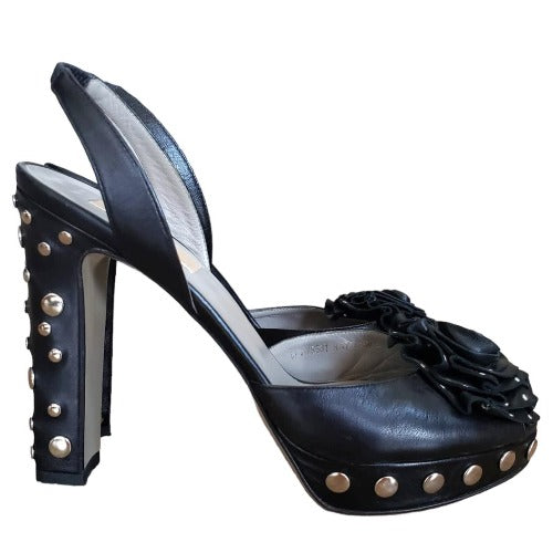 VALENTINO Black Leather Rose Buckle Studded Slingback Platform Sandals Size 38.5