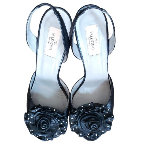 VALENTINO Black Leather Rose Buckle Studded Slingback Platform Sandals Size 38.5