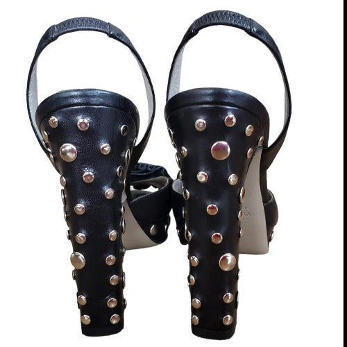 VALENTINO Black Leather Rose Buckle Studded Slingback Platform Sandals Size 38.5