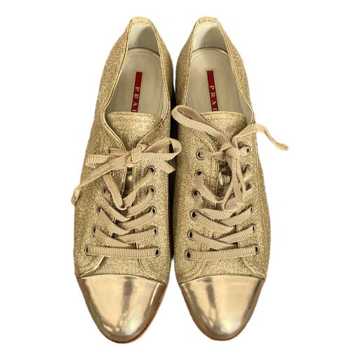 PRADA Gold Metallic Glitter Cap Toe Cork Platform Sneakers, Size 40.5