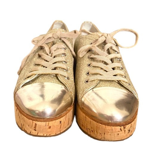 PRADA Gold Metallic Glitter Cap Toe Cork Platform Sneakers, Size 40.5