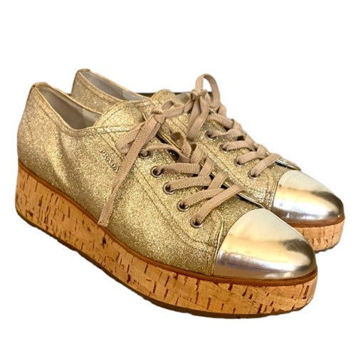 PRADA Gold Metallic Glitter Cap Toe Cork Platform Sneakers, Size 40.5
