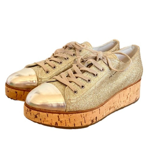 PRADA Gold Metallic Glitter Cap Toe Cork Platform Sneakers, Size 40.5