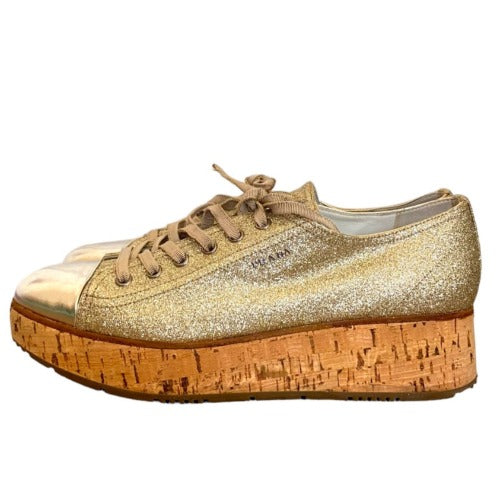PRADA Gold Metallic Glitter Cap Toe Cork Platform Sneakers, Size 40.5