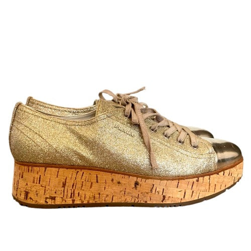 PRADA Gold Metallic Glitter Cap Toe Cork Platform Sneakers, Size 40.5