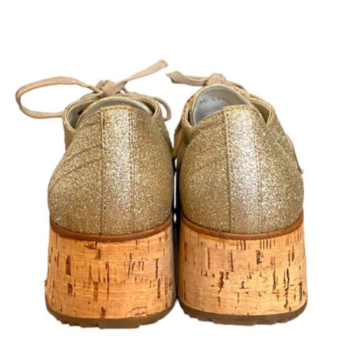 PRADA Gold Metallic Glitter Cap Toe Cork Platform Sneakers, Size 40.5