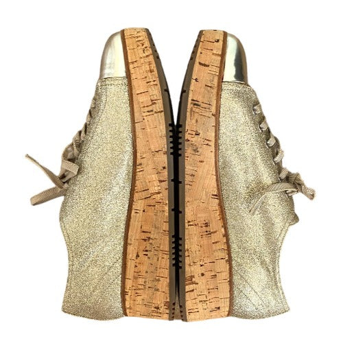 PRADA Gold Metallic Glitter Cap Toe Cork Platform Sneakers, Size 40.5
