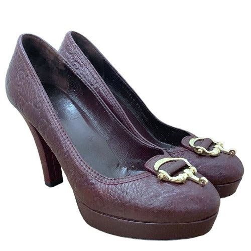 GUCCI Burgundy Leather Monogram Horsebit Platform Pumps, Size 37.5