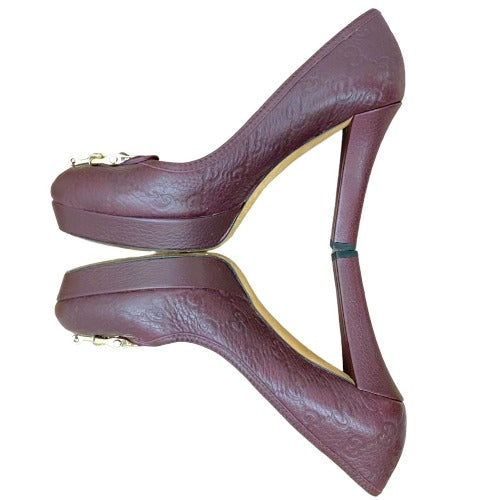GUCCI Burgundy Leather Monogram Horsebit Platform Pumps, Size 37.5