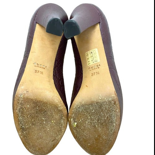 GUCCI Burgundy Leather Monogram Horsebit Platform Pumps, Size 37.5