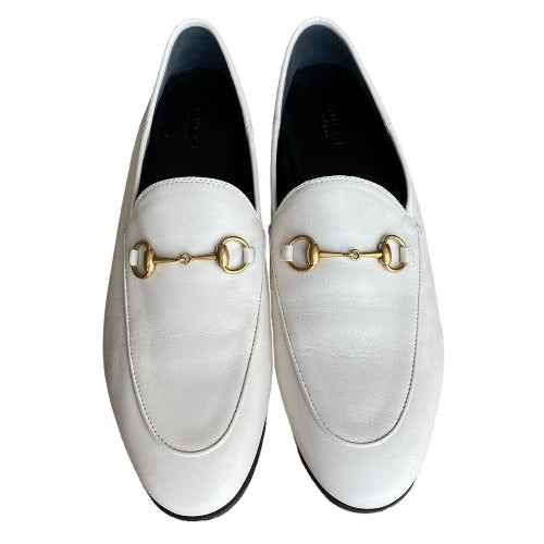 NEW GUCCI Brixton White Leather Horsebit Loafers, Size 40