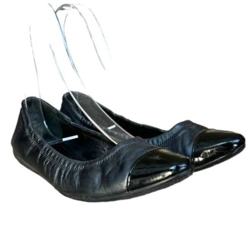 PRADA Sport Black Leather, Patent Leather Cap Toe Ballet Flats, Size 36