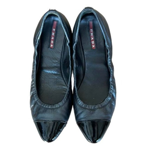 PRADA Sport Black Leather, Patent Leather Cap Toe Ballet Flats, Size 36