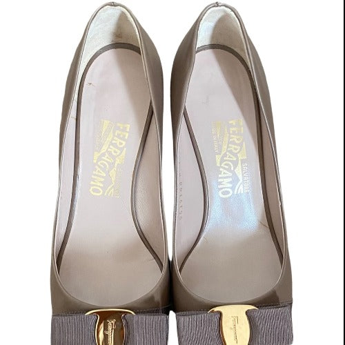 SALVATORE FERRAGAMO Taupe Leather Vara Bow Peep Toe Pumps, Size 37