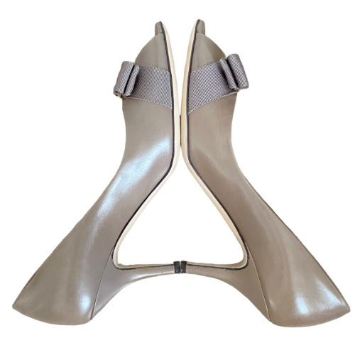 SALVATORE FERRAGAMO Taupe Leather Vara Bow Peep Toe Pumps, Size 37