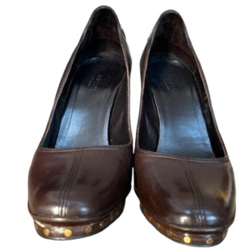 GUCCI Brown Leather GG Logo Studded Platform Heels Pumps, Size 35.5