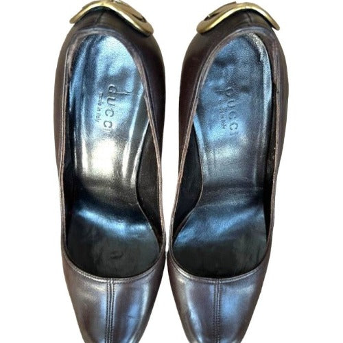 GUCCI Brown Leather GG Logo Studded Platform Heels Pumps, Size 35.5