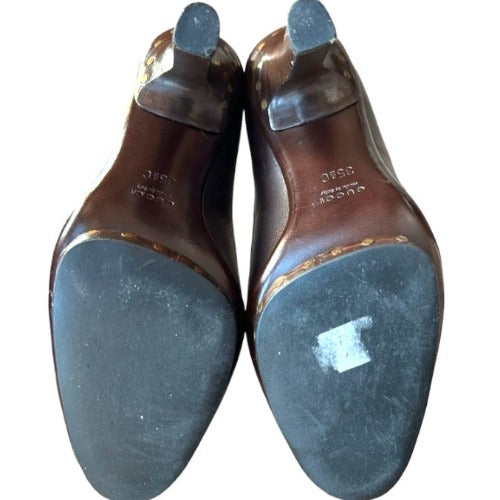 GUCCI Brown Leather GG Logo Studded Platform Heels Pumps, Size 35.5
