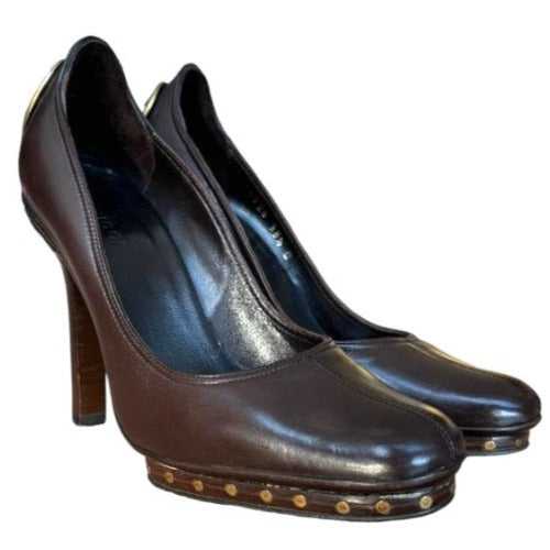 GUCCI Brown Leather GG Logo Studded Platform Heels Pumps, Size 35.5
