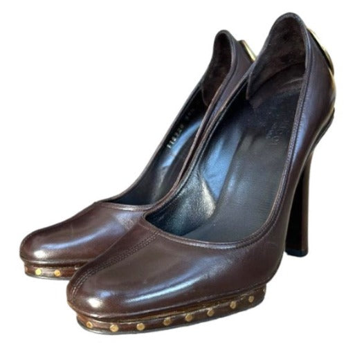 GUCCI Brown Leather GG Logo Studded Platform Heels Pumps, Size 35.5